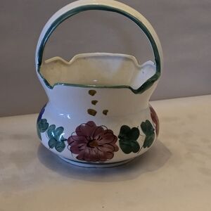 Hand-Painted Floral Ceramic Basket - White with Pink & Green